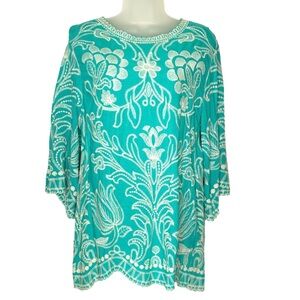SOLITAIRE Size L Teal Turquoise Embroidered Bell Sleeve Boho‎ Popover Blouse Top